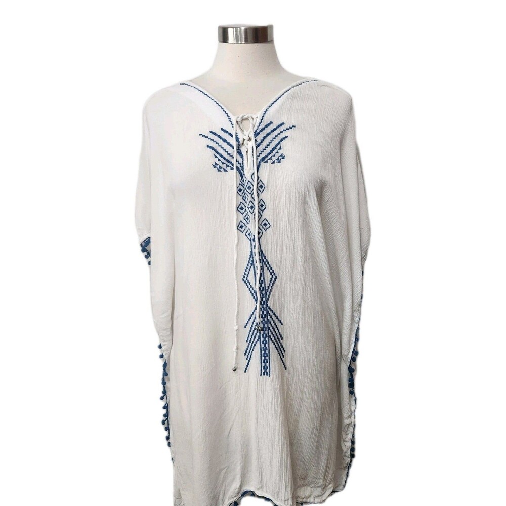 HIGHNESS Womens Peasant Tunic Top 3X White Gauzy Blue Embroidered Caftan Tassel